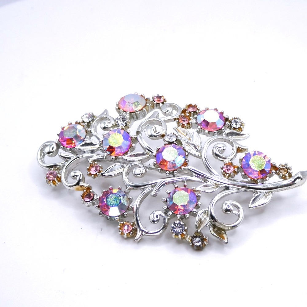 Vintage Coro Aurora Borealis Rhinestone Silvertone 2.75" Womens Brooch Pin